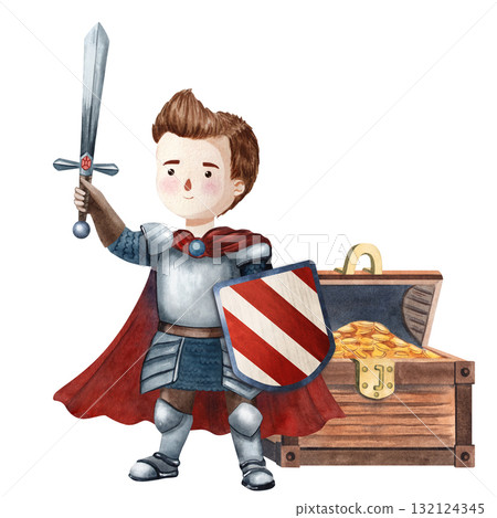 Watercolor illustration of a brave knight in armor with treasure chest full of gold coins. Perfect for children books, fairy tales, posters, cards, invitations, scrapbooking, games and decor 132124345