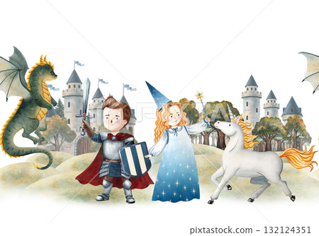 Seamless watercolor border with dragon, sorceress, knight and unicorn near medieval castle. Perfect for children books, fairy tales, posters, cards, invitations, fabrics, wallpapers and decor 132124351