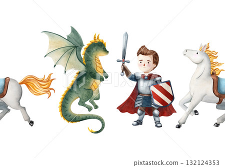 Seamless watercolor border with knight, dragon and saddled horse. Perfect for children books, fairy tales, posters, cards, invitations, scrapbooking, fabrics, wallpapers and decor 132124353