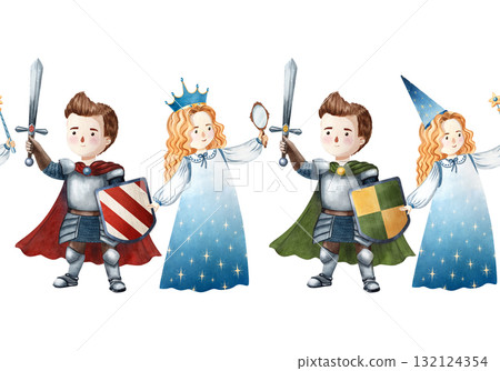 Seamless watercolor border with princess, sorceress and knights in armor. Perfect for children books, fairy tales, posters, cards, invitations, scrapbooking, fabrics, wallpapers and decor 132124354