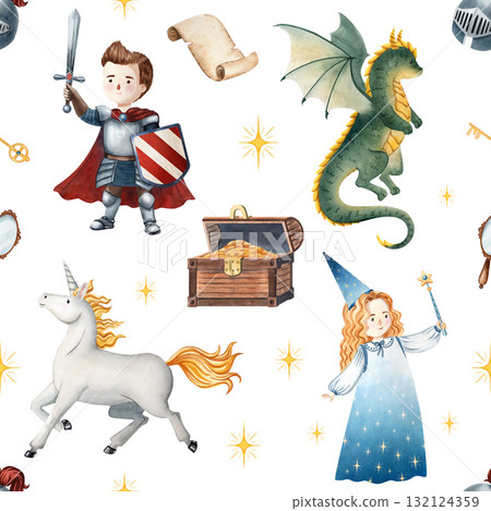 Seamless watercolor pattern with knight, sorceress, dragon, unicorn, treasure chest, mirror, scroll and helmet. Perfect for children books, fabrics, wallpapers, wrapping, posters and decor 132124359