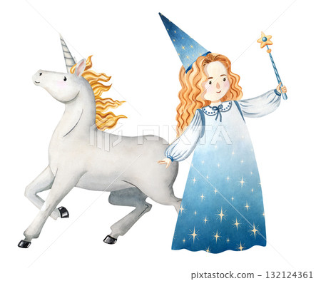 Watercolor illustration of a sorceress with unicorn. Perfect for children books, fairy tales, posters, cards, invitations, scrapbooking, decor, nursery and games Watercolor illustration of a sorceress with unicorn. Perfect for children books, fairy tales, posters, cards, invitations, scrapbooking, decor, nursery and games 132124361