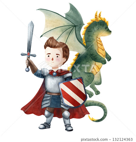 Watercolor illustration of a knight confronting dragon. Perfect for children books, fairy tales, posters, cards, invitations, scrapbooking, decor and games 132124363