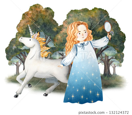 Watercolor illustration of a princess with unicorn in magical forest. Perfect for children books, fairy tales, posters, cards, invitations, scrapbooking, decor, nursery and games Watercolor illustration of a princess with unicorn in magical forest. Perfect for children books, fairy tales, posters, cards, invitations, scrapbooking, decor, nursery and games 132124372