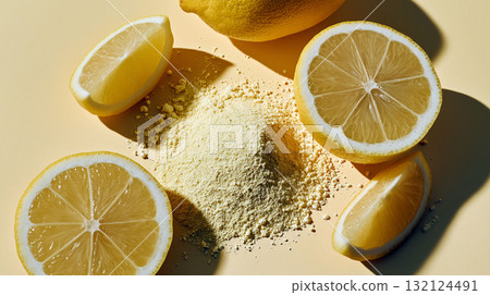 Fresh lemons and lemon powder on pastel yellow background in natural light, concept of vitamin C and healthy living 132124491