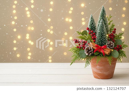 Natural Christmas wreath and winter interior decoration 132124707