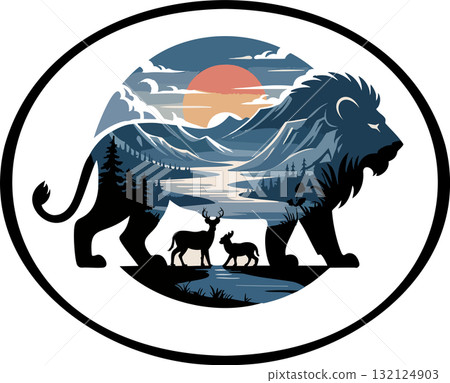 Majestic lion silhouette filled with mountain sunset river and forest wildlife in circular emblem of natural strength 132124903