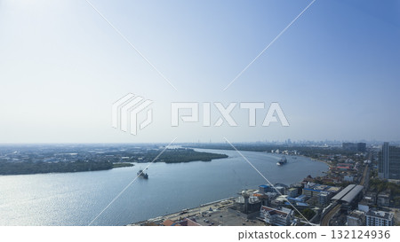 View of the lower Chao Phraya River in Thailand and from Samut Prakan to Bangkok / Thailand 132124936