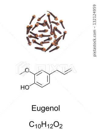 Dried cloves, and eugenol, chemical formula and molecular structure. Aromatic oily liquid, main component of essential clove bud oil. Used in perfumes, flavorings and local antiseptic and anesthetic. Dried cloves, and eugenol, chemical formula and molecular structure. Aromatic oily liquid, main component of essential clove bud oil. Used in perfumes, flavorings and local antiseptic and anesthetic. 132124959