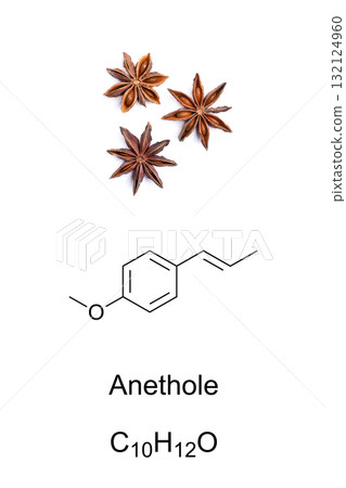 Star anise fruits, and anethole, chemical formula and molecular structure. Trans-anethole, also anise camphor, an aromatic compound and flavoring substance. Occurs naturally in star anise, anise, etc. Star anise fruits, and anethole, chemical formula and molecular structure. Trans-anethole, also anise camphor, an aromatic compound and flavoring substance. Occurs naturally in star anise, anise, etc. 132124960