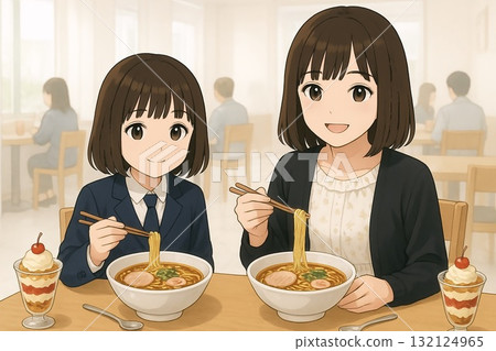 姐妹倆在餐廳吃中國麵條 132124965