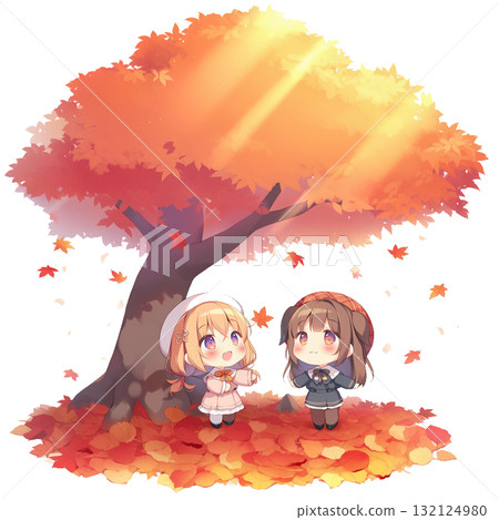 抬頭看著秋天的落葉的女孩 132124980
