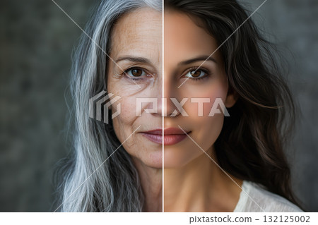 A portrait split a woman showing old and youth age. Generative AI. 132125002