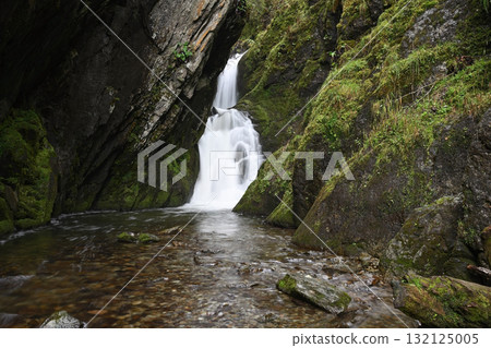Picturesque summer landscape of Estyuba waterfall falling into Lake Teletskoye. Altai, Russia 132125005