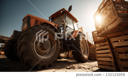 Large red tractor parked beside wooden crates filled with harvested produce under bright sunlight Large red tractor parked beside wooden crates filled with harvested produce under bright sunlight 132125050