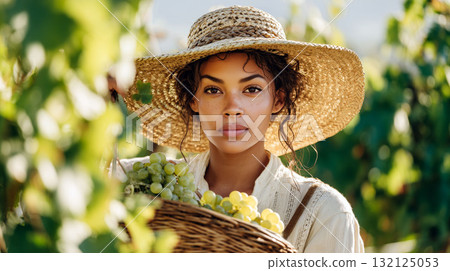Young woman with straw hat harvesting green grapes in sunny vineyard 132125053