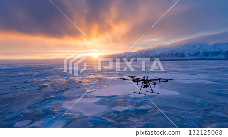 Thermal drone scanning vast icy terrain in Arctic survey. Life in permafrost conditions, climate change problems on the planet. Global warming 132125068