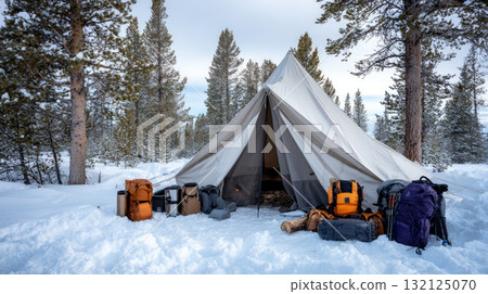 Survival gear left outside a canvas tent with deep snow all around. Life in permafrost conditions, climate change problems on the planet. Global warming 132125070