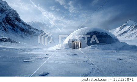 Solar-powered survival dome in frozen wasteland, futuristic design with snow buildup. Life in permafrost conditions, climate change problems on the planet. Global warming 132125071