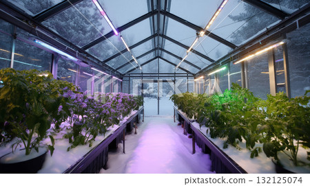 Snow-covered greenhouse growing vegetables in extreme cold, using LED lights. Life in permafrost conditions, climate change problems on the planet. Global warming 132125074