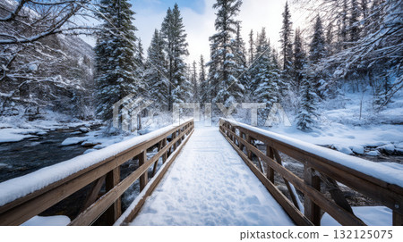 Snow-covered bridge crossing over a frozen creek in Arctic woods. Life in permafrost conditions, climate change problems on the planet. Global warming 132125075