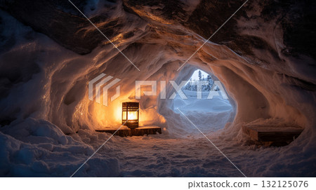 Snow cave lit from within by lantern, hand-built shelter. Life in permafrost conditions, climate change problems on the planet. Global warming Snow cave lit from within by lantern, hand-built shelter. Life in permafrost conditions, climate change problems on the planet. Global warming 132125076