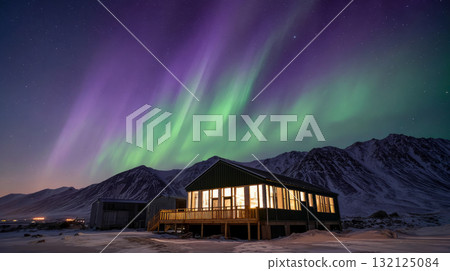 Aurora over an abandoned mining village deep in permafrost. Life in permafrost conditions, climate change problems on the planet. Global warming 132125084