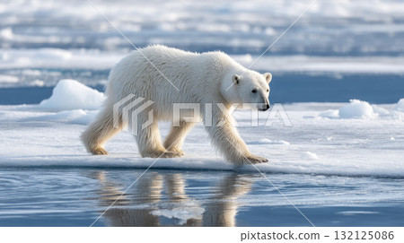 Polar bear walking cautiously across thin sea ice. Life in permafrost conditions, climate change problems on the planet. Global warming 132125086