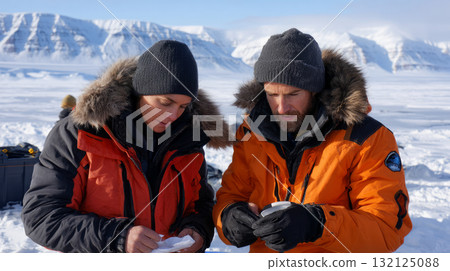 Permafrost scientists examining core samples in field lab tents. Life in permafrost conditions, climate change problems on the planet. Global warming 132125088