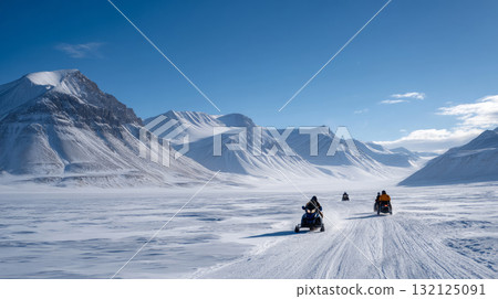 Nomads on snowmobiles navigating vast snowy plains with supplies. Life in permafrost conditions, climate change problems on the planet. Global warming 132125091