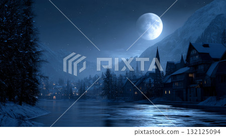 Moonlight casting icy blue over quiet frozen village. Life in permafrost conditions, climate change problems on the planet. Global warming Moonlight casting icy blue over quiet frozen village. Life in permafrost conditions, climate change problems on the planet. Global warming 132125094