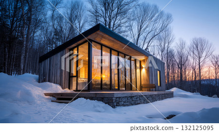Minimalist cabin covered in snow with warm light inside. Life in permafrost conditions, climate change problems on the planet. Global warming Minimalist cabin covered in snow with warm light inside. Life in permafrost conditions, climate change problems on the planet. Global warming 132125095