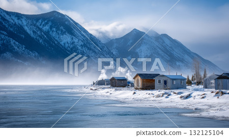 Ice fishing village on a frozen lake, small wooden huts, smoke rising, framed by snowy mountains. Life in permafrost conditions, climate change problems on the planet. Global warming Ice fishing village on a frozen lake, small wooden huts, smoke rising, framed by snowy mountains. Life in permafrost conditions, climate change problems on the planet. Global warming 132125104