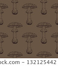 Seamless vector pattern of fly agaric mushrooms. All objects are hand-drawn in ink and converted into vector. The illustration is suitable for printing on kitchen textiles, product packaging, paper. 132125442