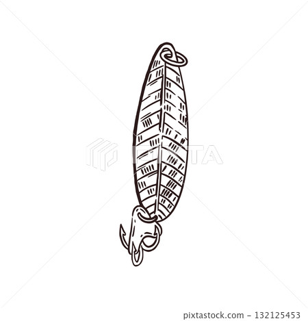 Spoon, hook for fishing. Everything is hand-drawn in ink and translated into vector. Vector illustration is suitable for printing on fishing product packaging, printing in booklets and magazines. Spoon, hook for fishing. Everything is hand-drawn in ink and translated into vector. Vector illustration is suitable for printing on fishing product packaging, printing in booklets and magazines. 132125453
