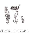 A set of vector illustrations, a fishing bait, hooks, a spoon, all hand-drawn in ink. The illustration is suitable for fishing product packaging design, printing on fabric, paper. 132125456