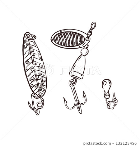 A set of vector illustrations, a fishing bait, hooks, a spoon, all hand-drawn in ink. The illustration is suitable for fishing product packaging design, printing on fabric, paper. A set of vector illustrations, a fishing bait, hooks, a spoon, all hand-drawn in ink. The illustration is suitable for fishing product packaging design, printing on fabric, paper. 132125456