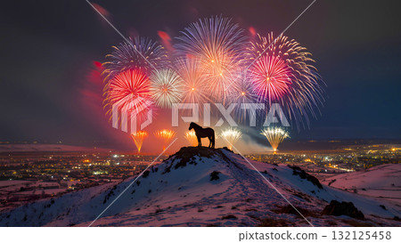 Silhouette of a wild horse on top of a snowy hill against the backdrop of night fireworks and city lights. Silhouette of a wild horse on top of a snowy hill against the backdrop of night fireworks and city lights. 132125458