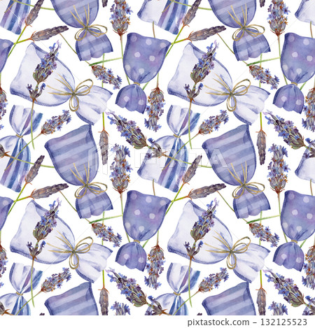 Lavender scented sachet bags with raffia ribbon bows, dots and stripes, single lavandula flowers. Isolated seamless pattern hand drawn in watercolor. Wrapping paper, beauty brand visuals, scrap kits. Lavender scented sachet bags with raffia ribbon bows, dots and stripes, single lavandula flowers. Isolated seamless pattern hand drawn in watercolor. Wrapping paper, beauty brand visuals, scrap kits. 132125523
