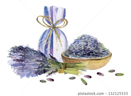 Earth-toned dish of lavender seeds, striped textile sachet pouch with raffia bow, lavandula bouquet. Isolated illustration hand drawn in watercolor. Organic gifts, perfume sets, countryside decor. Earth-toned dish of lavender seeds, striped textile sachet pouch with raffia bow, lavandula bouquet. Isolated illustration hand drawn in watercolor. Organic gifts, perfume sets, countryside decor. 132125533