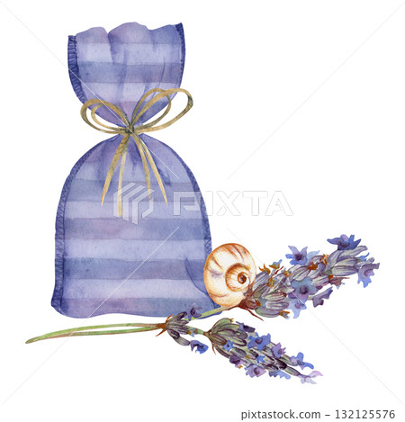 Striped sachet bag with raffia ribbon bow, lavender flower stems buds with white garden snail. Isolated illustration hand drawn in watercolor. Wellness spa gifts, soap or candle sets, bedroom charm. Striped sachet bag with raffia ribbon bow, lavender flower stems buds with white garden snail. Isolated illustration hand drawn in watercolor. Wellness spa gifts, soap or candle sets, bedroom charm. 132125576