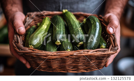 Hands holding rustic basket filled with freshly harvested green zucchinis in natural light 132125578