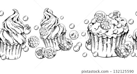Muffins crowned with berries, cupcakes topped with whipped cream swirls, raspberry and blueberry dragees hand drawn in vector ink. Isolated for seamless tiling, dessert banner borders, baking headers. 132125590