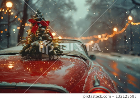 Vintage red car adorned with Christmas tree and lights in snowy winter street scene 132125595