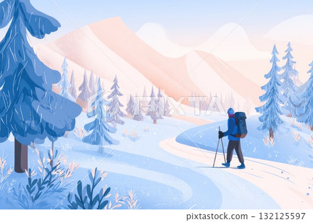 Adventurer trekking through a snowy landscape with tall trees and mountains in the background Adventurer trekking through a snowy landscape with tall trees and mountains in the background 132125597