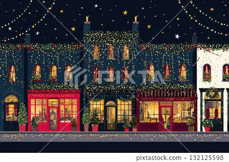 Festive street scene with illuminated shops and holiday decorations in a charming neighborhood 132125598