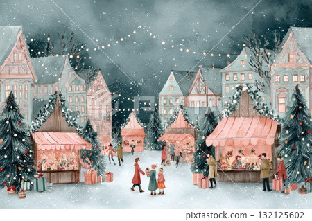 Winter market scene with festive decorations, snow, and joyful families enjoying the holiday atmosphere 132125602