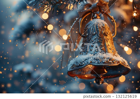 Ornate silver bell adorned with snow and ribbon hanging on a tree with glowing bokeh lights 132125619