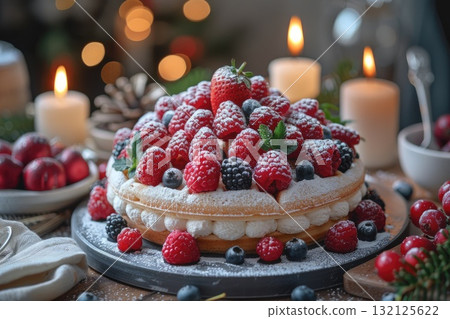 Delicious dessert cake topped with fresh berries and powdered sugar on a festive table setting Delicious dessert cake topped with fresh berries and powdered sugar on a festive table setting 132125622