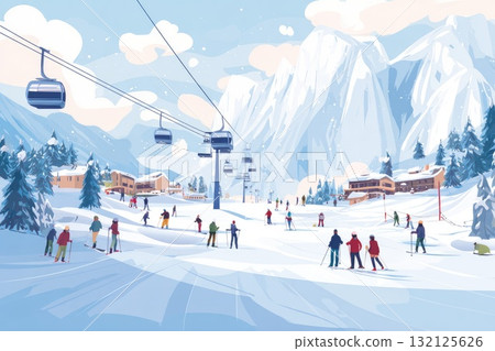 Ski resort scene with skiers enjoying winter sports under a clear blue sky and majestic mountains Ski resort scene with skiers enjoying winter sports under a clear blue sky and majestic mountains 132125626